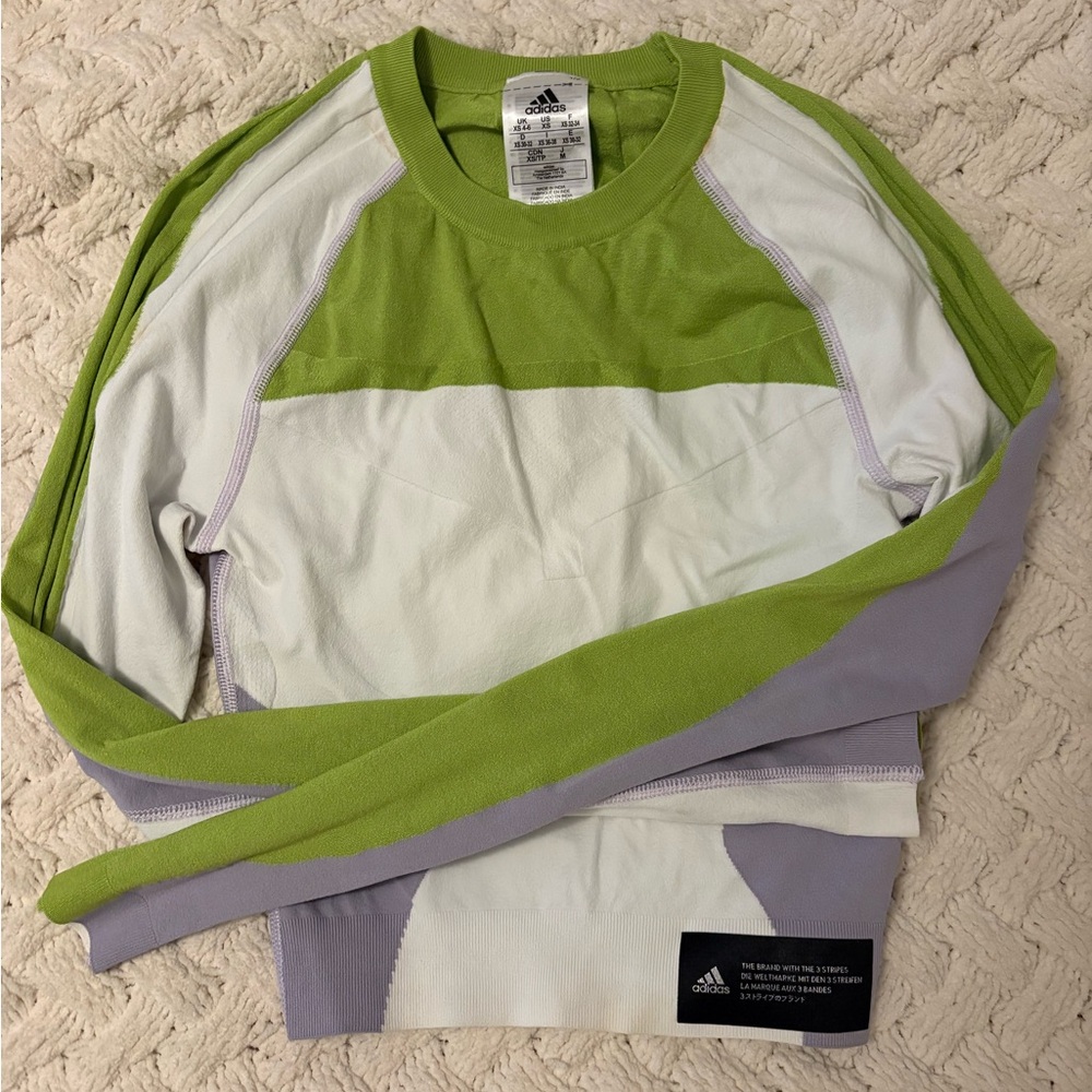 Adidas Green and White Long Sleeve Running Shirt